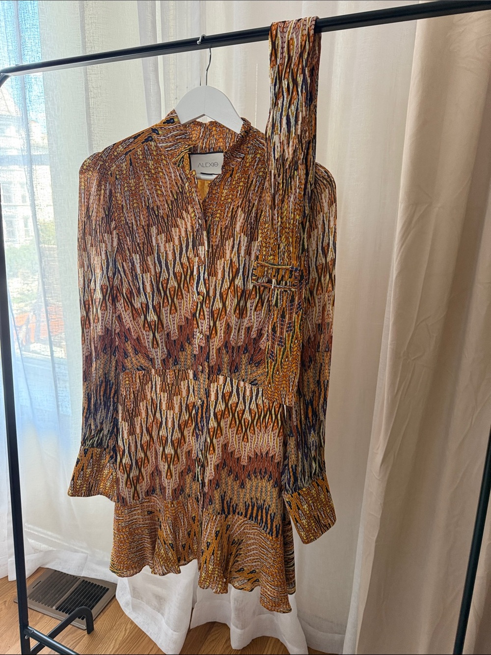 Alexis Multicolor Ikat-Print Long Sleeve Dress in Mustard and Brown - Picture 7 of 9